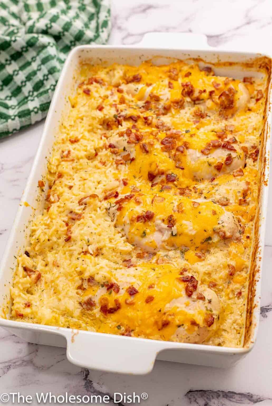 Cheddar Bacon Ranch Chicken & Rice Casserole - The Wholesome Dish